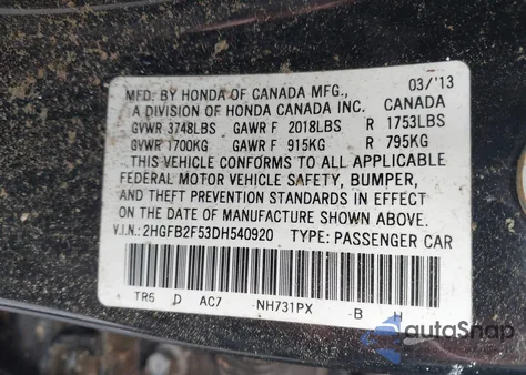 2013 Honda Civic Lx from USA, damaged, VIN 2HGFB2F53DH540920